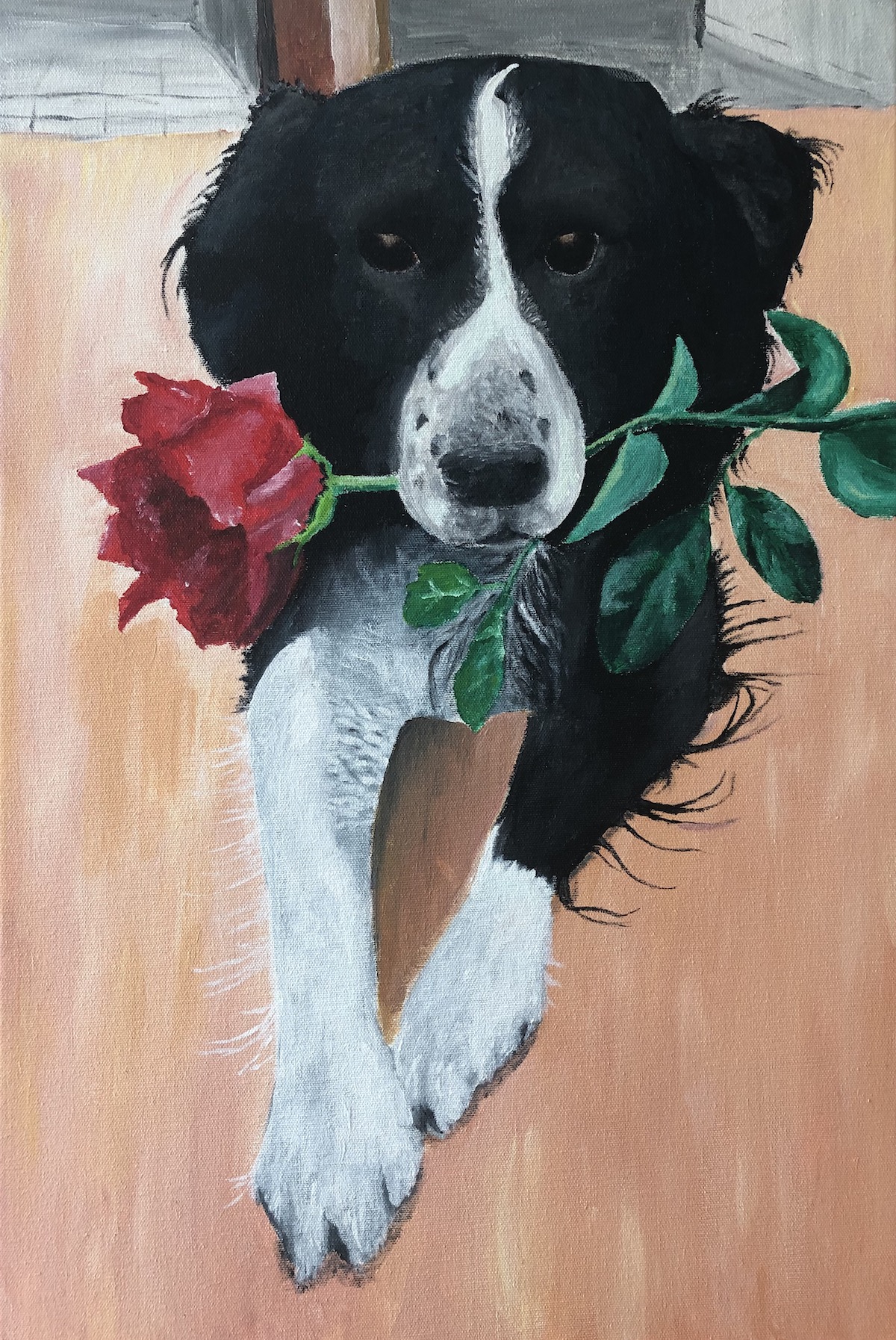 In opdracht: Het hondje met de bloem. Techniek: Acryl Afmeting 60cmx40cm